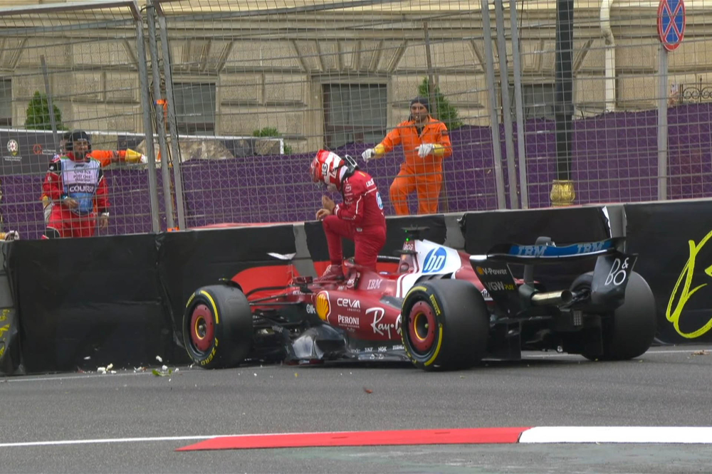 Leclerc dans le mur avec une Ferrari qui s'est effondrée avec les pneus médium