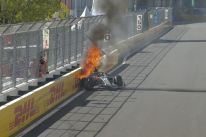 Photo Premier gros crash à Madrid, la F2 d’Inthraphuvasak en feu